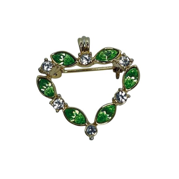 Vintage Gold Tone Green Marquise & Clear Rhinestone Heart Brooch/Pendant (5848) - Picture 1 of 6
